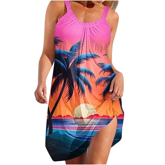 Womens Sundresses for Summer Casual, Women's Fashion Sexy Vintage Round Neck Sleeveless Printing Party Dresses Sleeveless Swing Dress Beach Swimsuit Cover Ups with Pockets 5 Dollars