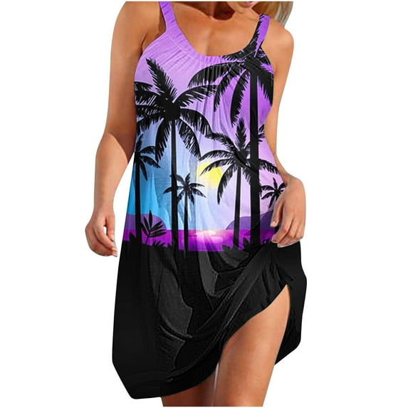 Womens Sundresses for Summer Casual, Women's Fashion Sexy Vintage Round Neck Sleeveless Printing Party Dresses Sleeveless Swing Dress Beach Swimsuit Cover Ups with Pockets