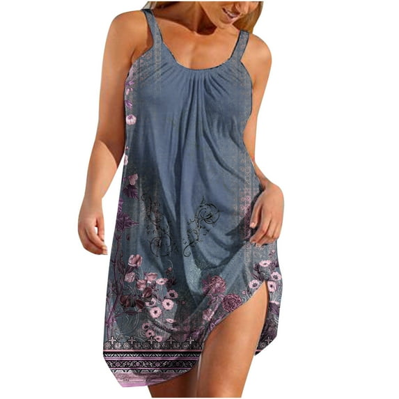 Womens Sundresses for Summer Casual, Women's Fashion Sexy Vintage Round Neck Sleeveless Printing Party Dresses Sleeveless Swing Dress Beach Swimsuit Cover Ups with Pockets 5 Dollars