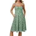 thumbnail image 1 of Womens Sundresses for Summer Pleated Smocked Knee Length Built In Bra Vacation Short Dresses Spaghetti Strap Sleeveless Floral Cute Midi Dresses Green L, 1 of 5