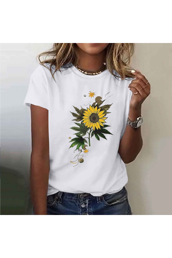 Womens Sunflower Butterfly Print Top Cadancy,Short Sleeve Basic Tees,Adult T Shirts Funny,Tunic Tops Loose Fit Dressy Plus,Fall Clothing Teen Girls,Ropa Mujer,2X