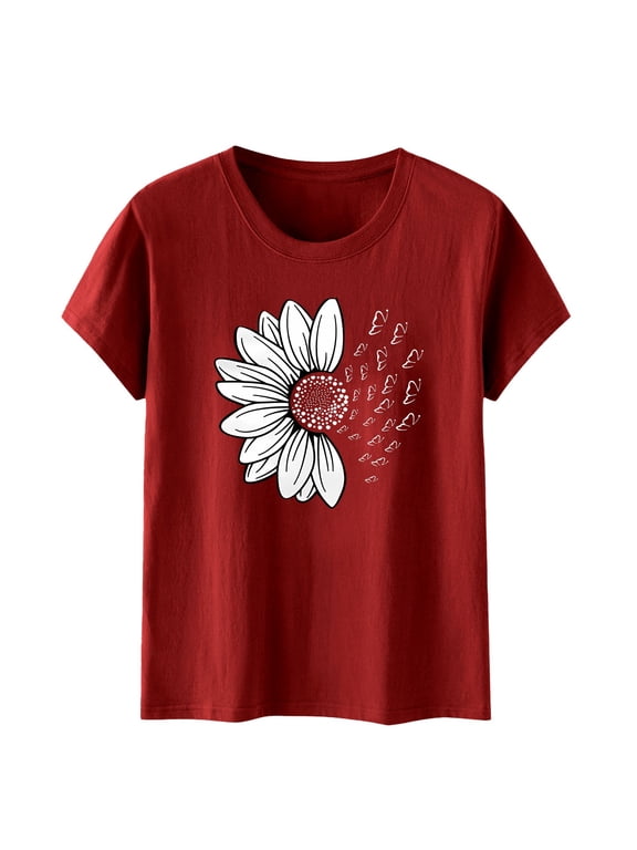 Womens Sunflower T Shirt Fun Summer Tops Summer T Shirts Sunflower Shirt Retro Tees for Women Cute Tshirts Shirts Floral Tshirt Sunflower Tops for Women Womens T Shirts Loose Fit,Red,L