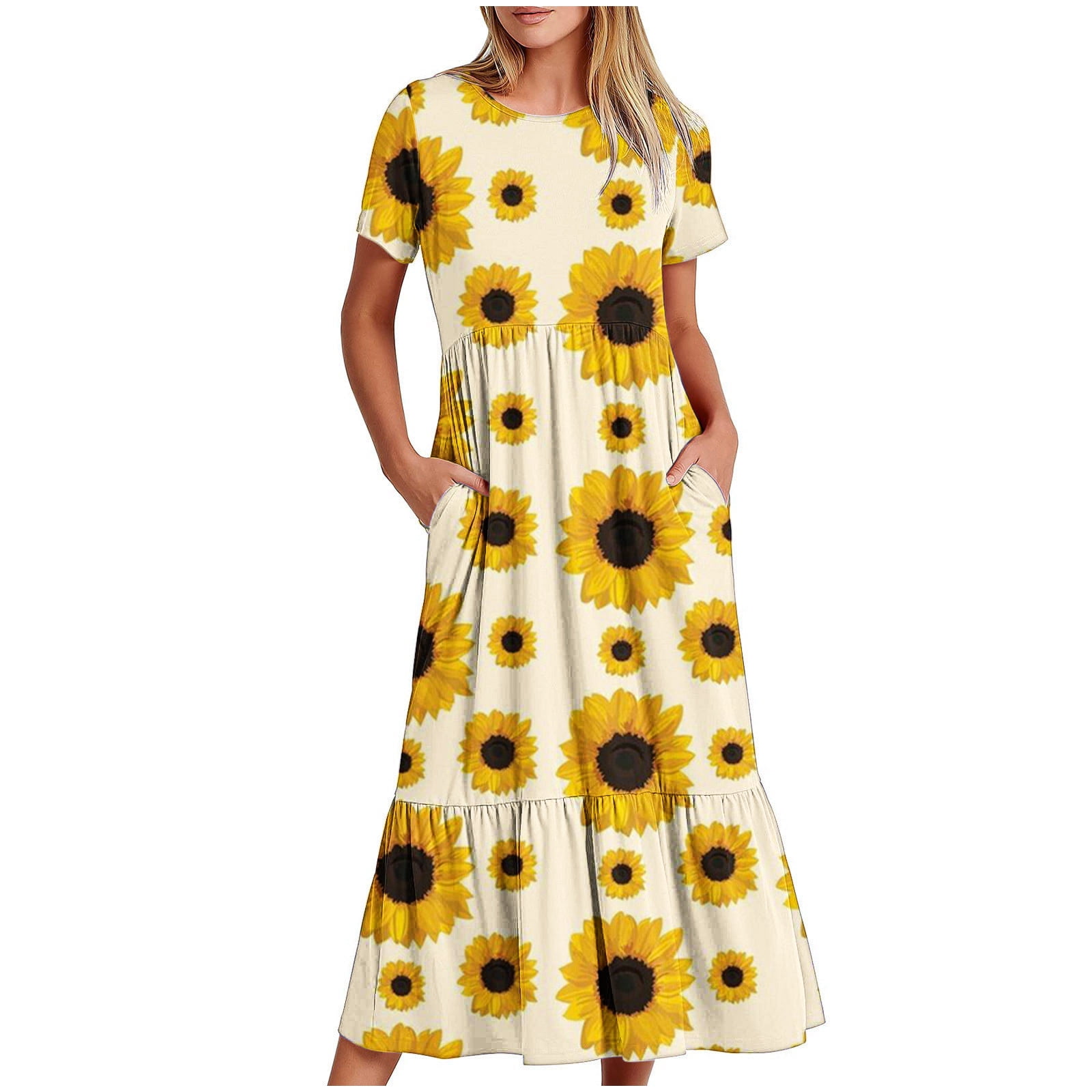 Womens Sunflower Tiered Swing Midi Dresses Casual 2024