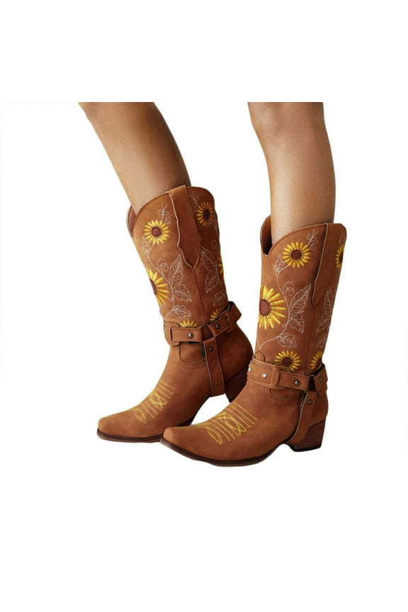 Womens Sunflower Wide Mid Calf Cowboy Boots Brown Leather Flower Embroidered Casual Fall Tall Cowgirl Boots