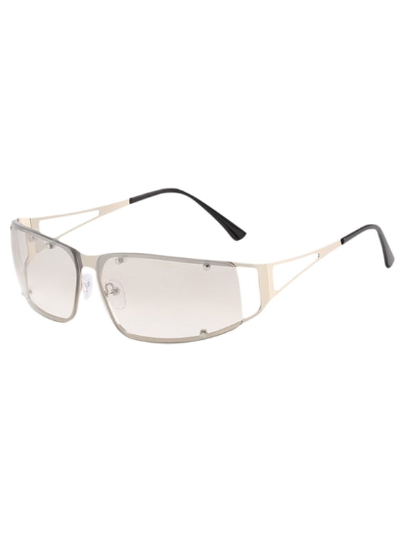 Womens Sunglasses Rimless Y2K Style Metal Wrap Around Flame Cutout Design UV Protection Eyewear