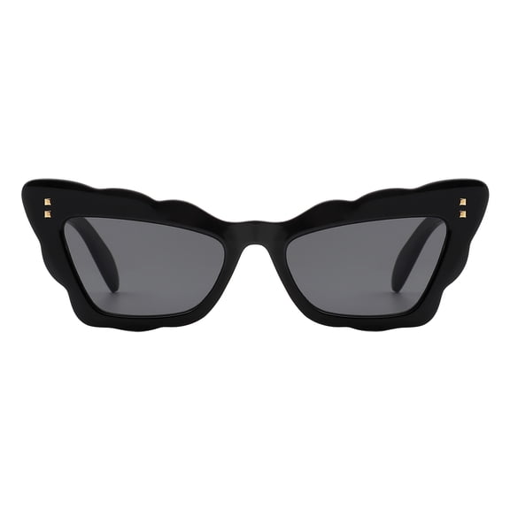 Womens Sunglasses Trapezoid Cat Eye Butterfly Scalloped Edges UV400 Black, Black