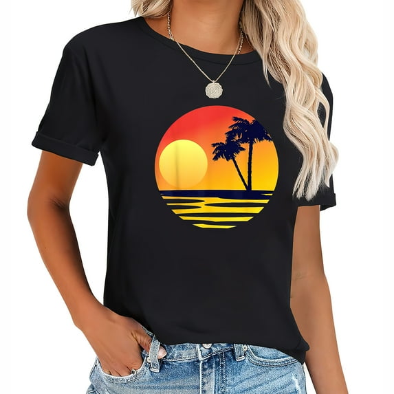 Womens Sunset Beach Silhouette Tropical Palm Tree Sunny Lover Gift T-Shirt Black 2XL