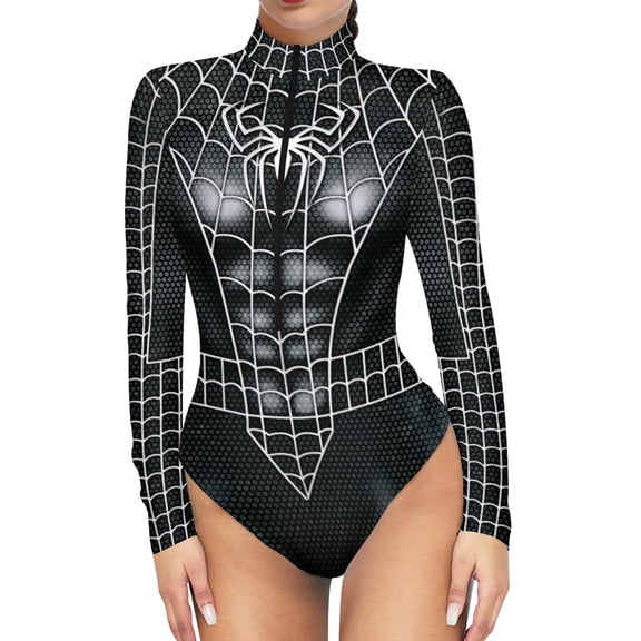 Womens Superhero Cosplay Bodysuit with Long Sleeve & Belt Detail, High Elastic Printed Costume for Halloween Party & Role Play, Black, 3XL