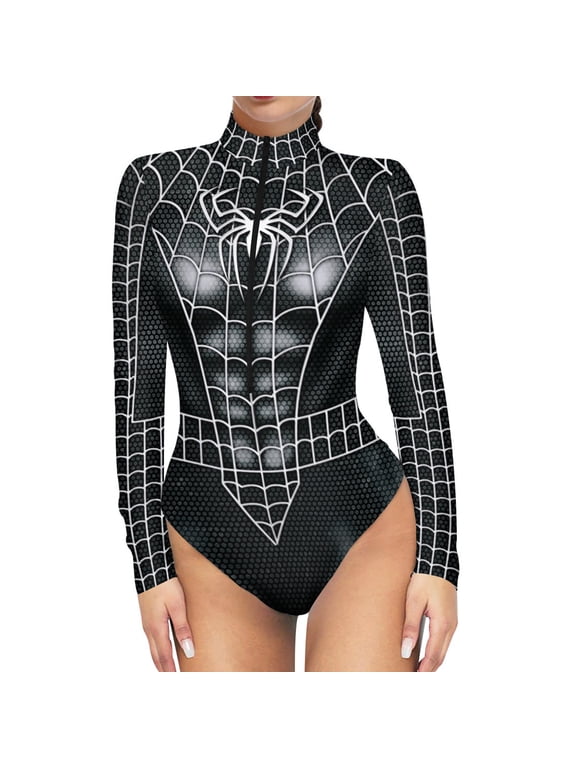 Womens Superhero Cosplay Bodysuit with Long Sleeve & Belt Detail, High Elastic Printed Costume for Halloween Party & Role Play, Black, S