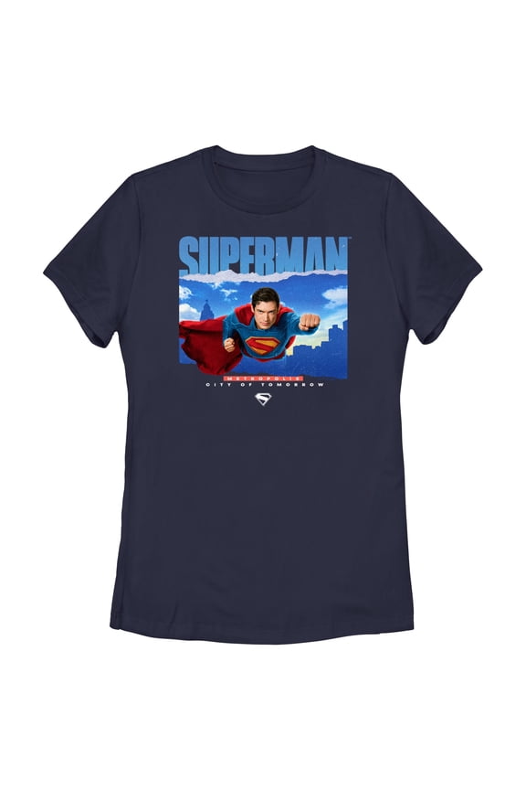 Womens Superman Flying Over Metropolis T Shirt