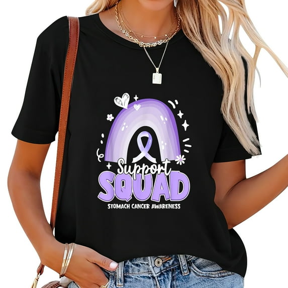 Womens Support Squad Rainbow Periwinkle Ribbon Stomach Cancer T-Shirt Black