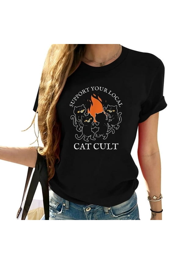 Womens Support Your Local Cat Cult Occult Black Cats Dancing Witch T Shirt Black