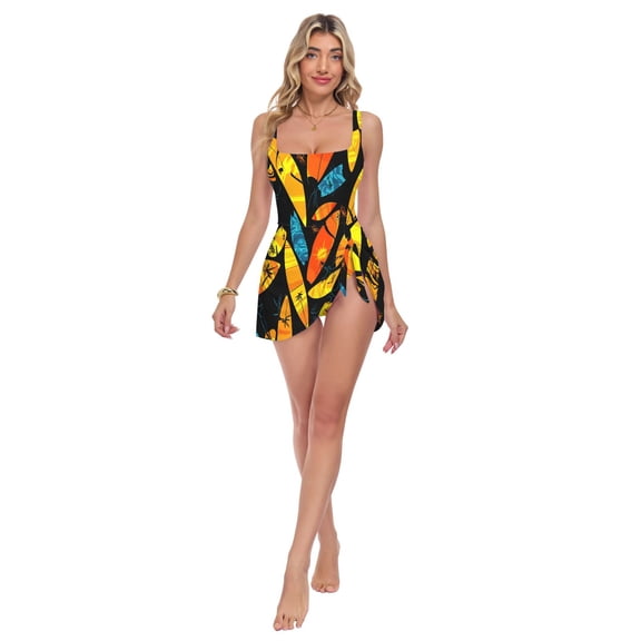 Womens Surfboard Pattern Print 2-in-1 Swim Dress Detachable Skirt One-Piece Swimsuit Square Neck S-XXL