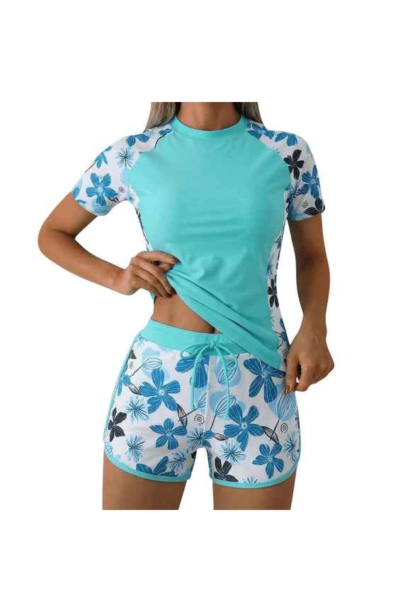 Womens Surfing Swimsuit 2 Piece Bathing Suit Crew Neck Short Sleeve Tees Drawstring Shorts Stretchy Modest Swimset (M, Green)