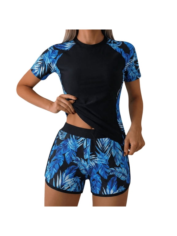 Womens Surfing Swimsuit 2 Piece Bathing Suit Crew Neck Short Sleeve Tees Drawstring Shorts Stretchy Modest Swimset (XL, Black)