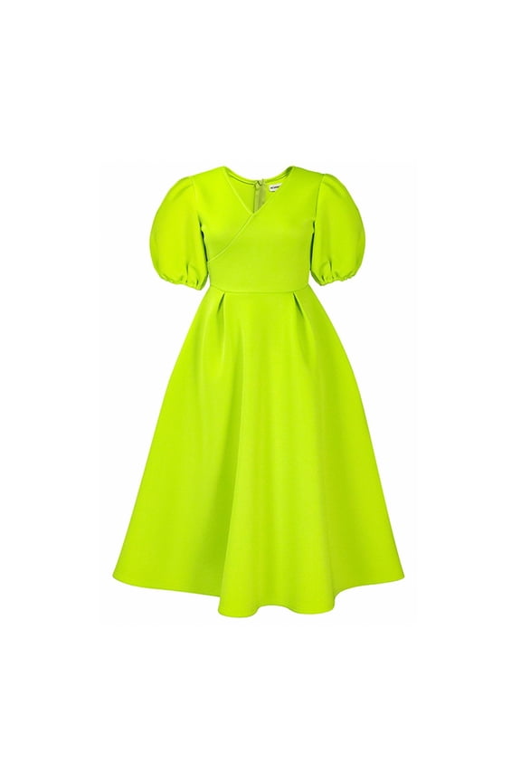Womens Surplice Wrap V Neck Puff Short Sleeve Midi Dress Back Zipper Closure Pleated High Waist Flared Swing Dress