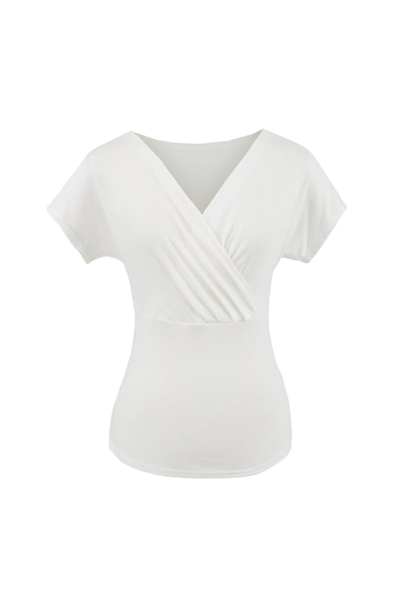 Womens Surplice Wrap V Neck Short Sleeve Top Front Ruched Detail Slim Fitting Soft Knit Blouse