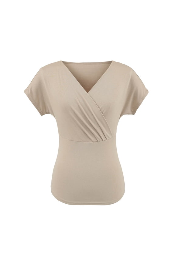 Womens Surplice Wrap V Neck Short Sleeve Top Front Ruched Detail Slim Fitting Soft Knit Blouse