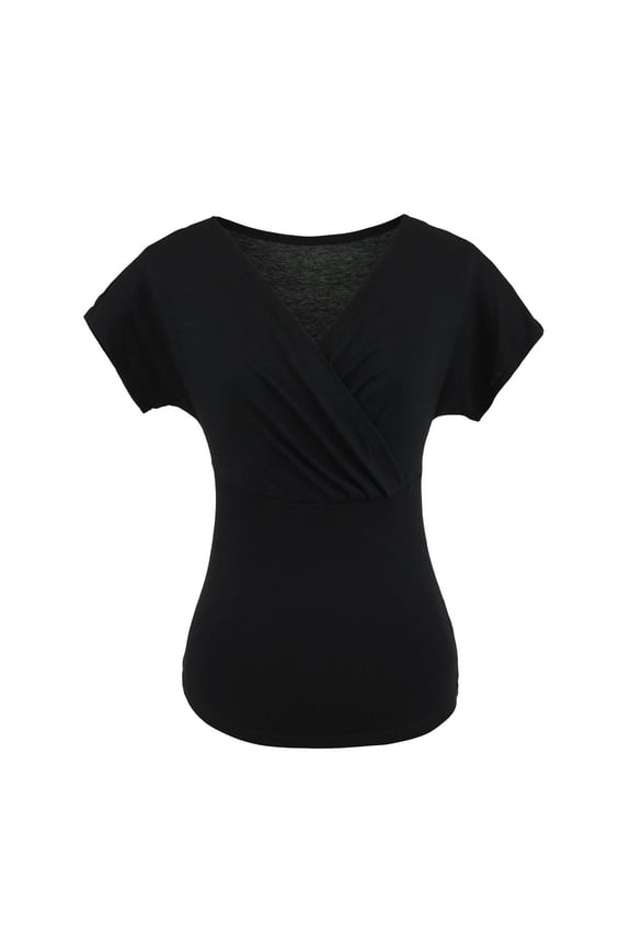 Womens Surplice Wrap V Neck Short Sleeve Top Front Ruched Detail Slim Fitting Soft Knit Blouse