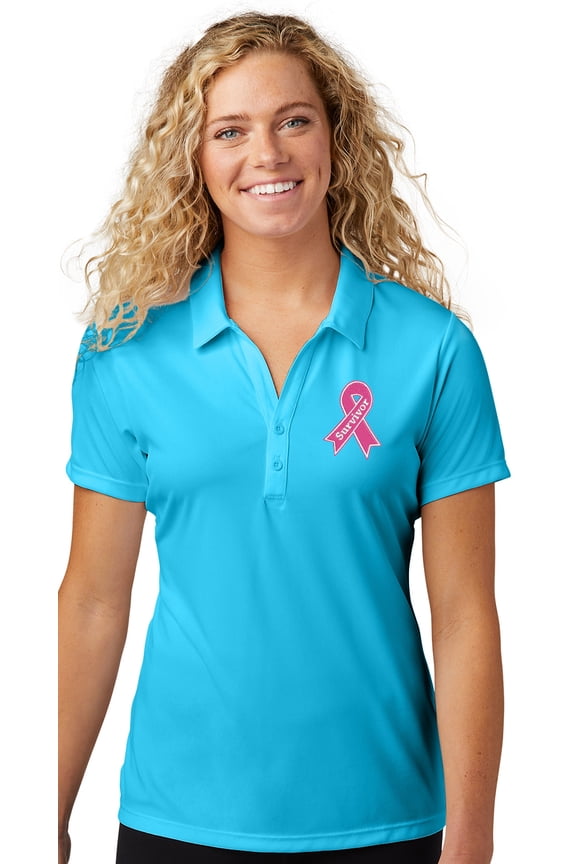 Womens Survivor Breast Cancer Awareness Patch Polo Shirt, 2XL Atomic Blue