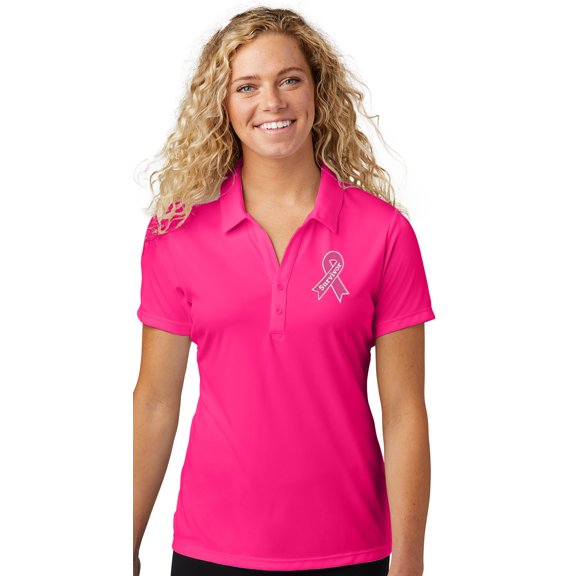 Womens Survivor Breast Cancer Awareness Patch Polo Shirt, Small Pink Raspberry