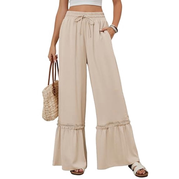 Womens Sweat Pants Women's Ruffle Flowy Pants Casual High Waisted Drawstrings Wide Leg Summer Pants Ladies Loose Beach Trousers with Pockets Beige M