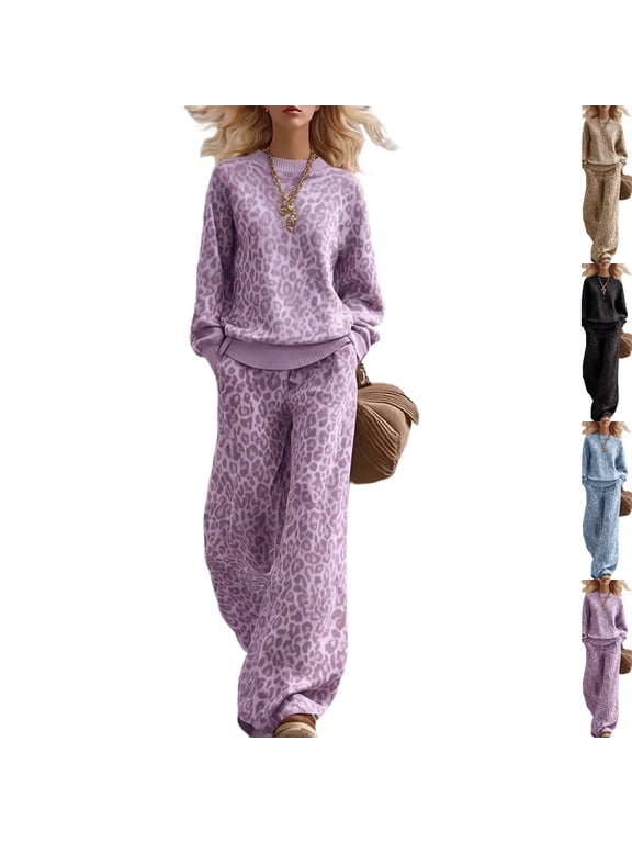 Womens Sweat Suits 2 Piece Set Leopard Print Sweatshirt Wide Leg Sweatpants Fall Winter Casual Travel Outfits Oversized Lounge Set,Purple,S