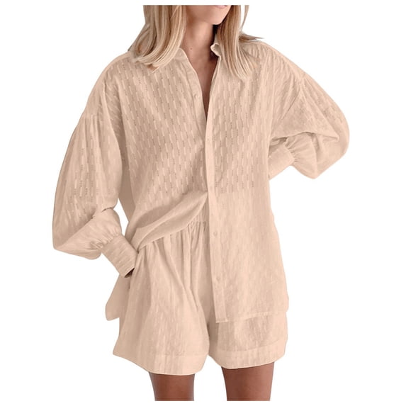 Womens Sweat Suits 2 Piece Set Women's Spring Summer Casual Set Puff Sleeve Long Sleeve Top with Matching Shorts Two Piece Outfit