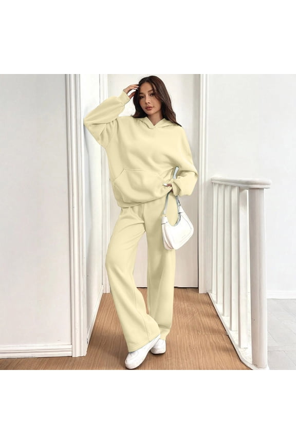 Womens Sweat Suits Fall Winter Hoodie and Wide Leg Sweatpants Casual Lounge Oversized 2 Piece Set Outfit, L
