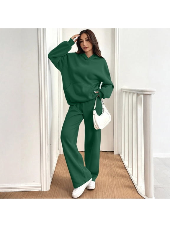 Womens Sweat Suits Fall Winter Hoodie and Wide Leg Sweatpants Casual Lounge Oversized 2 Piece Set Outfit, L