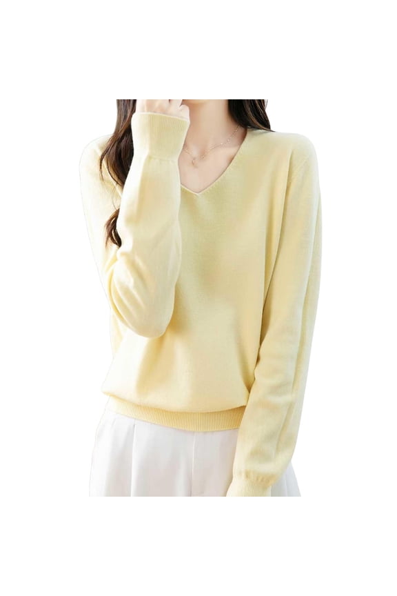 Womens Sweater Basic Tops, V Neck Sweaters for Women Spring Casual Knitted Solid Color Long Sleeve Pullover Fall Clothes