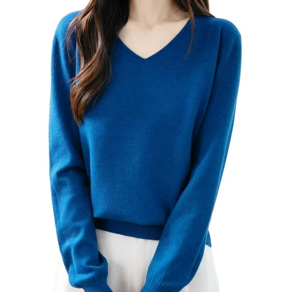 Womens Sweater Basic Tops, V Neck Sweaters for Women Spring Casual Knitted Solid Color Long Sleeve Pullover Fall Clothes