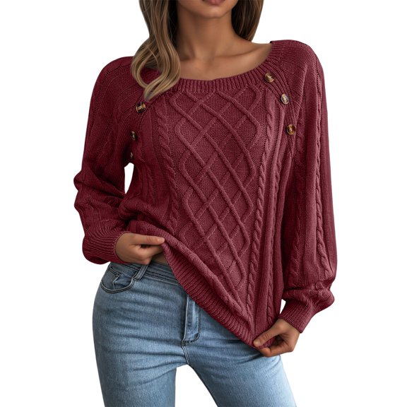 Womens Sweater Cable Knitted Button Long Sleeve Crew Neck Jumper Top