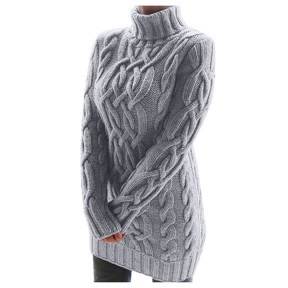Womens Sweater Cable Knitted Long Sleeve Turtleneck Knitted Mini Dress Casual Slim Pullover Tops