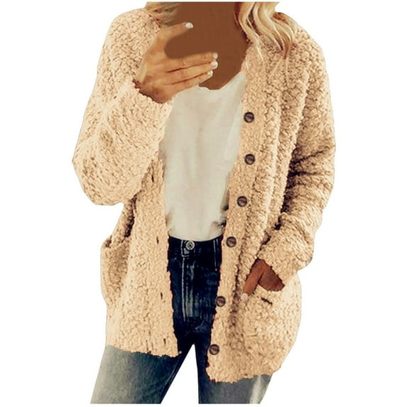 Womens Sweater Cardigan Botton Lightweight Fleece Lined Fall Winter Coats Comfy Warm Plus Size Sherpa Jackets with Pockets Khaki S