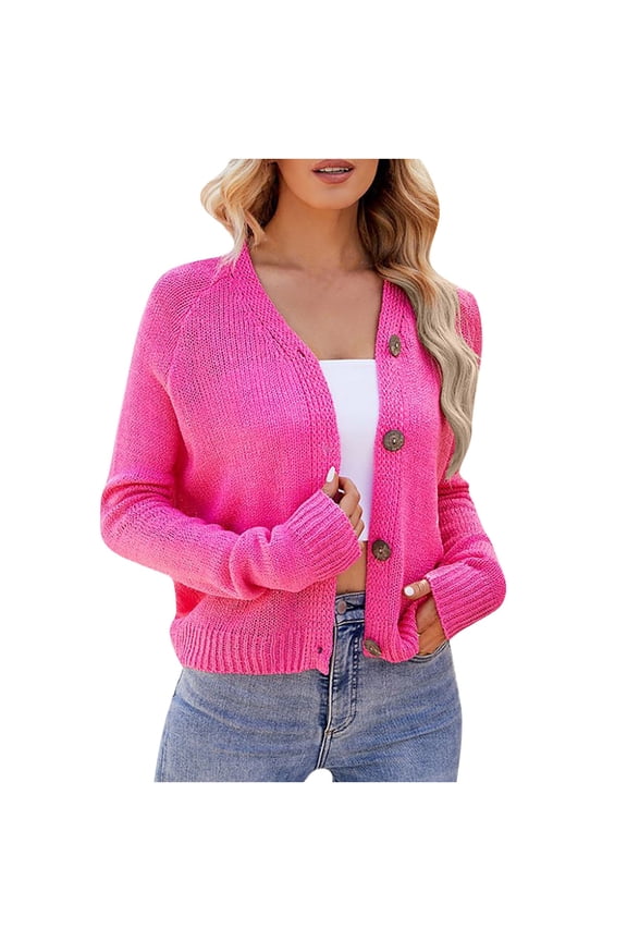 Womens Sweater Cardigans Button Down Long Sleeve Knitwear Fall Casual Knit Crop Jacket Outwear Short Coats (L, Pink)