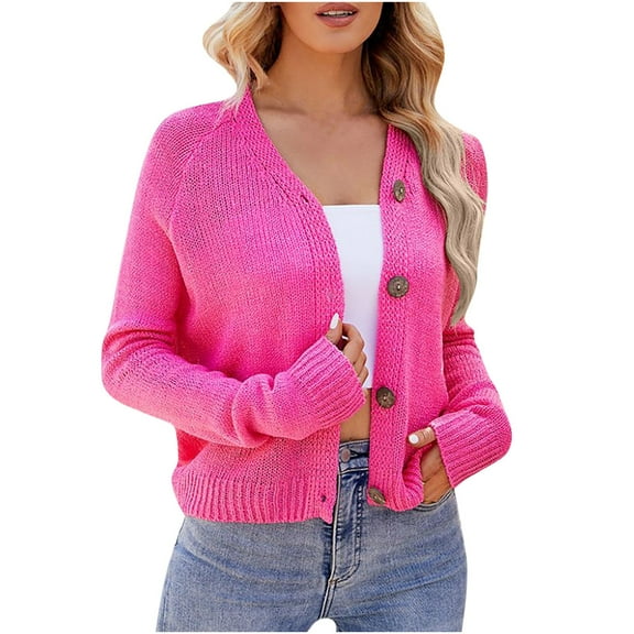 Womens Sweater Cardigans Button Down Long Sleeve Knitwear Fall Casual Knit Crop Jacket Outwear Short Coats (S, Pink)