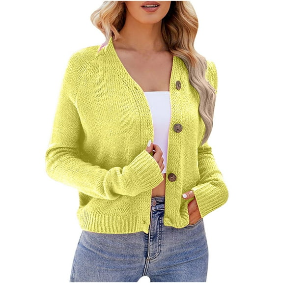 Womens Sweater Cardigans Button Down Long Sleeve Knitwear Fall Casual Knit Crop Jacket Outwear Short Coats (XL, Yellow)
