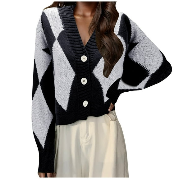 Womens Sweater Casual French Rhombi V Neck Knitwear Button Down Fall Tops,Black,One Size