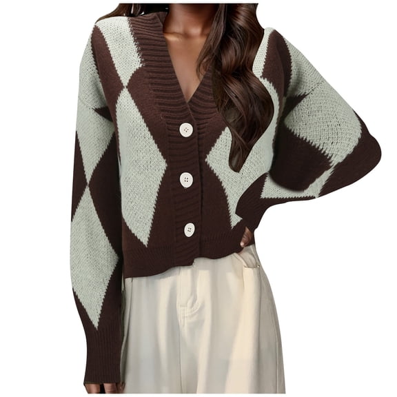 Womens Sweater Casual French Rhombi V Neck Knitwear Button Down Fall Tops,Coffee,One Size