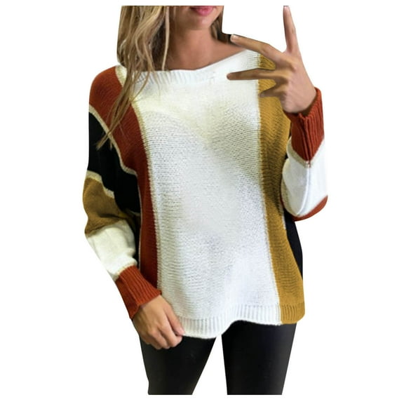 Womens Sweater Casual Long Sleeve Color Block Crewneck Knit Pullover Fall Outfits Clothes,Brown,XL