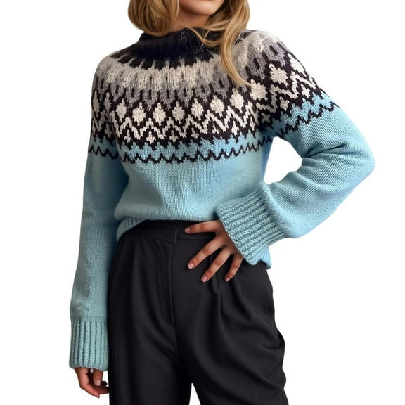 Womens Sweater Casual Retro Fair Isle Geometric Print Knit Top Round Neck Pullover Plus Size Tops for Women