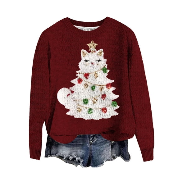 Womens Sweater Christmas Cute Cat Graphic Long Sleeve Crew Neck Casual Plus Size Festival Warm Sweaters