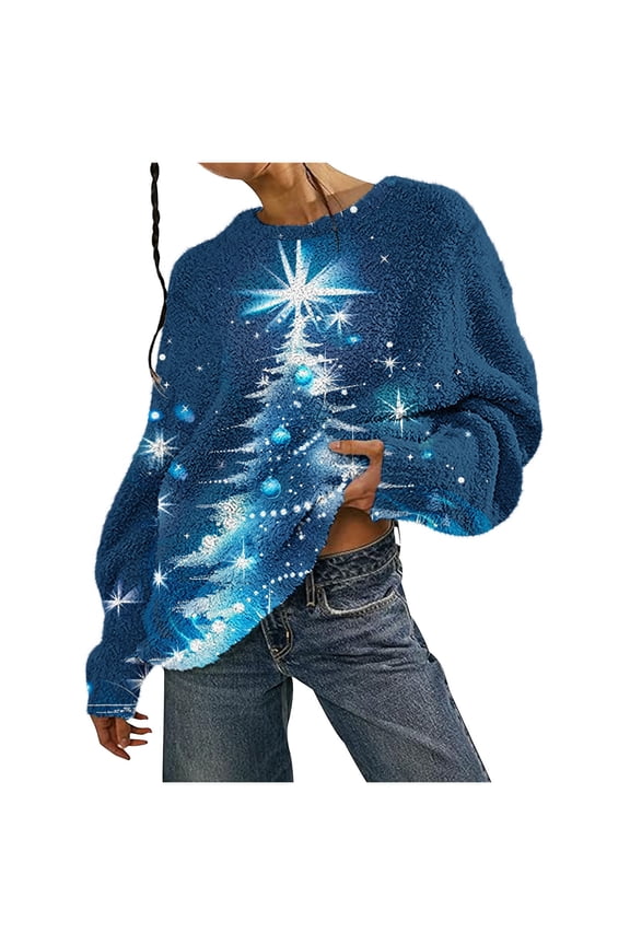Womens Sweater Christmas Print Pullover Long Sleeved Warm Double-sided Velvet Sweater Blue L