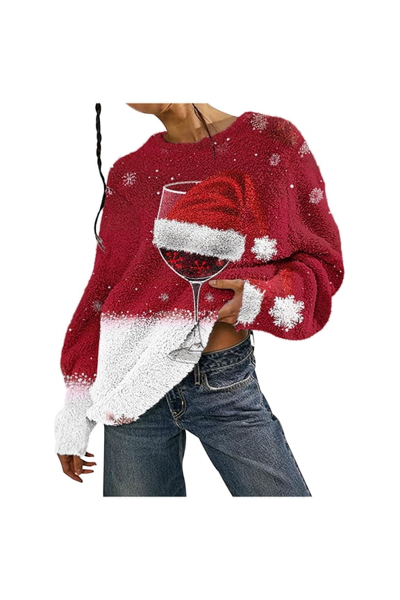 Womens Sweater Christmas Print Pullover Long Sleeved Warm Double-sided Velvet Sweater Red L