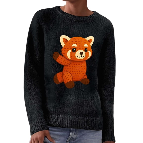 Womens Sweater Knit Cute Animal Graphic Long Sleeve Crew Neck Plus Size Sweater Black