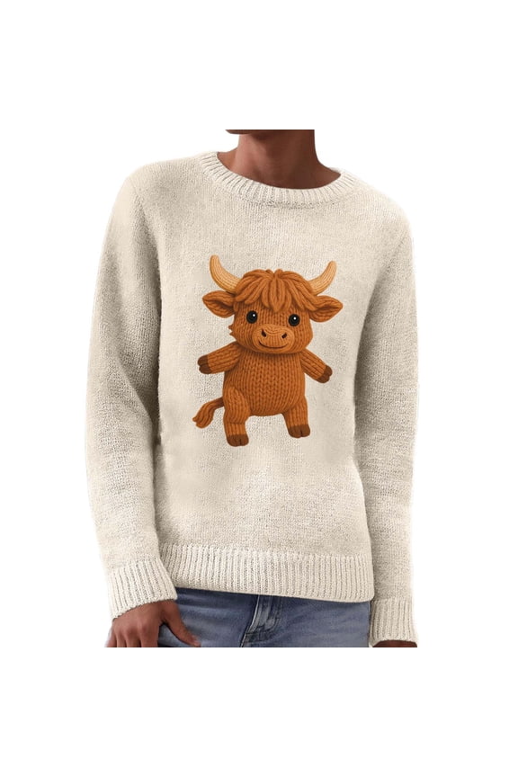 Womens Sweater Knit Cute Cartoon Cow Graphic Long Sleeve Crew Neck Cozy Sweaters Beige