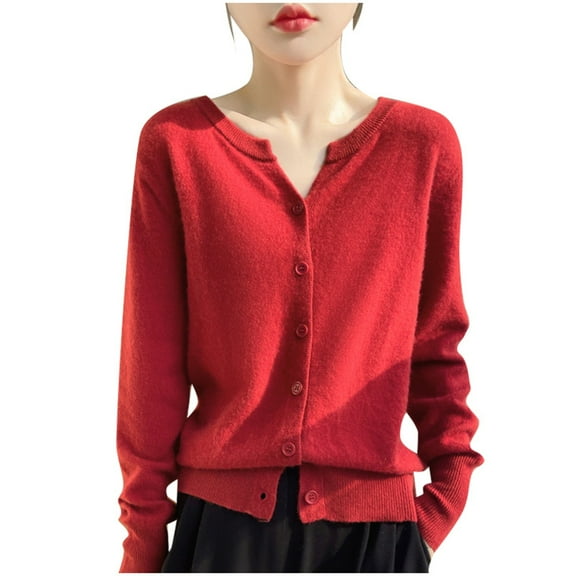 Womens Sweater Classic Solid Basic Cardigan Long Sleeve Crewneck Button Up Knitted Pullover Tops