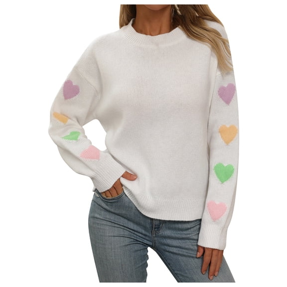 Womens Sweater Colorful Heart Print Long Sleeve Knitted Crew Neck Commute Fall Knitwear