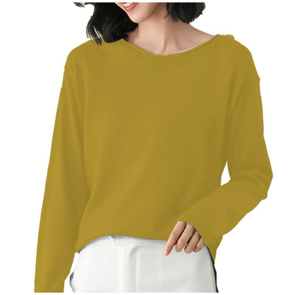 Womens Sweater Cozy Knit Sweaters Loose Fit Round Neck Pullover Versatile Solid Layering Shirt Sweater Yellow XL